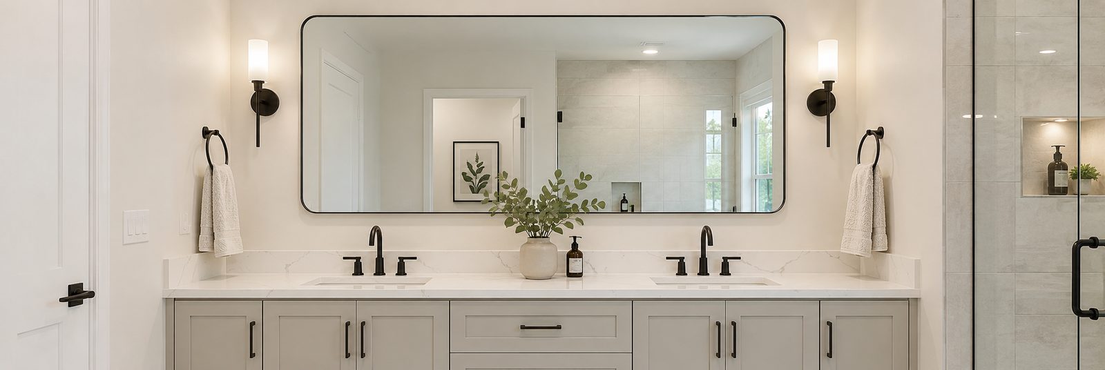 Double vanity with a quartz top, two undermount sinks, black matte fixtures, and a large framed mirror in a remodeled Pinellas County bathroom