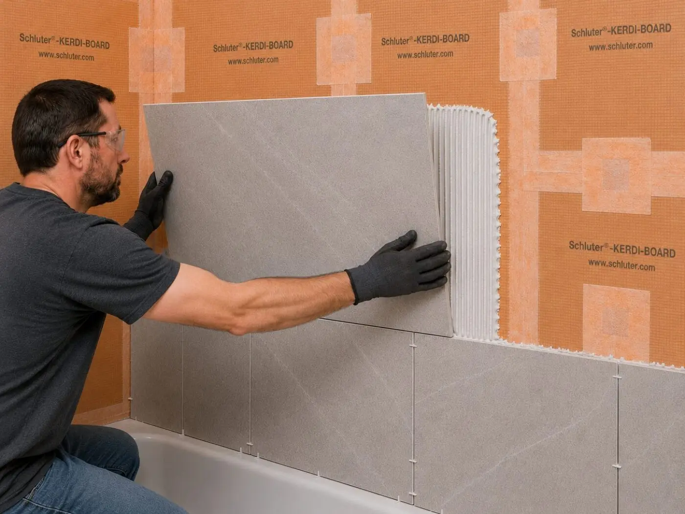 A tile setter installing wall tile over the orange Schluter KERDI-BOARD waterproofing membrane in a shower